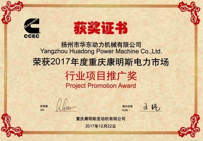 荣获重庆康明斯行业项目推广奖