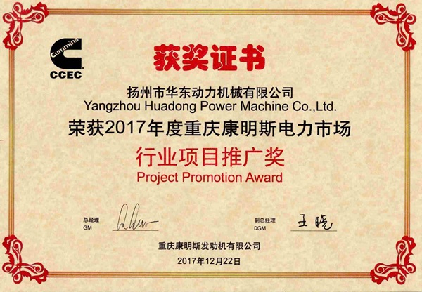 荣获重庆康明斯行业项目推广奖